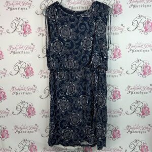 LOFT dress floral flowers tie up sleeve detail Navy and White Floral Midi Dress